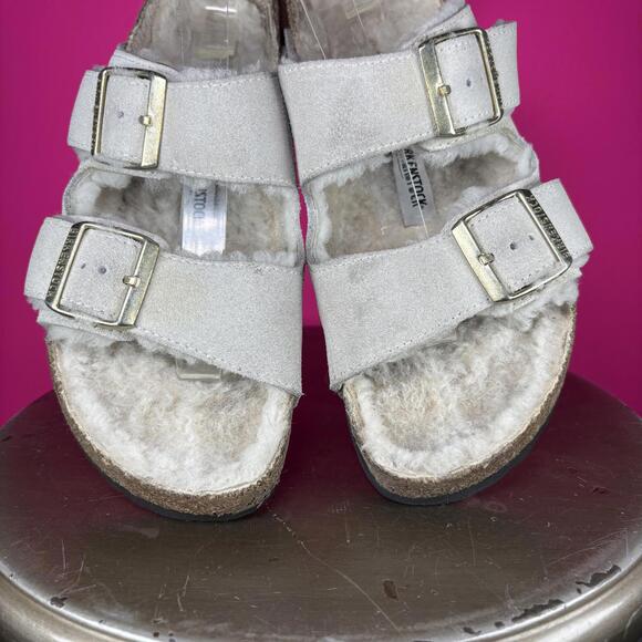 Birkenstock Arizona Shearling Antique White Suede Double Strap Sandal US 9 - Picture 5 of 9